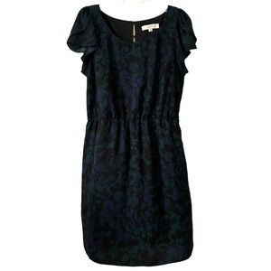 LOFT Women's Black/Forest Green/Navy Floral Short Sleeved Dress‎ in Size 12